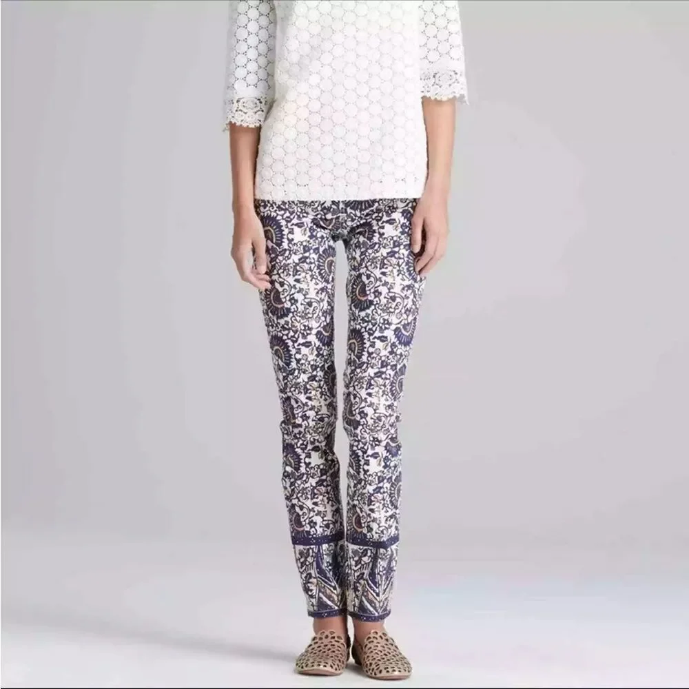 Tory Burch cropped skinny jean Izzy print navy blue 28 side zip